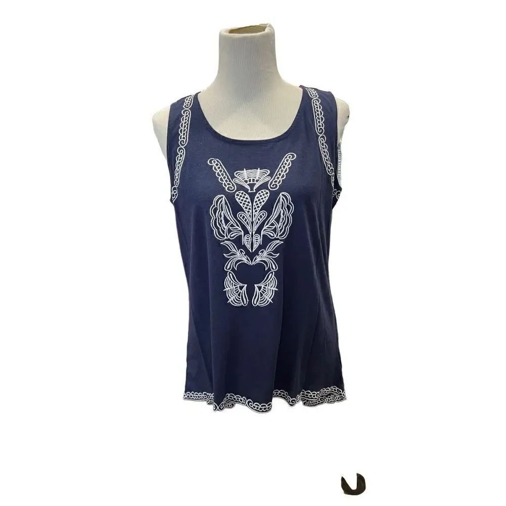 Nygard NWT embroidered top navy blue cotton modal size M